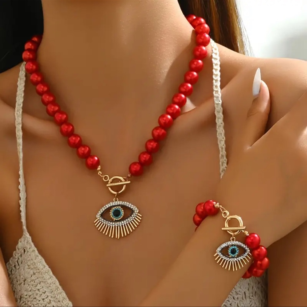 Elegant Beaded Necklace and Bracelet Set with Eye Pendant - Picture 5 of 7